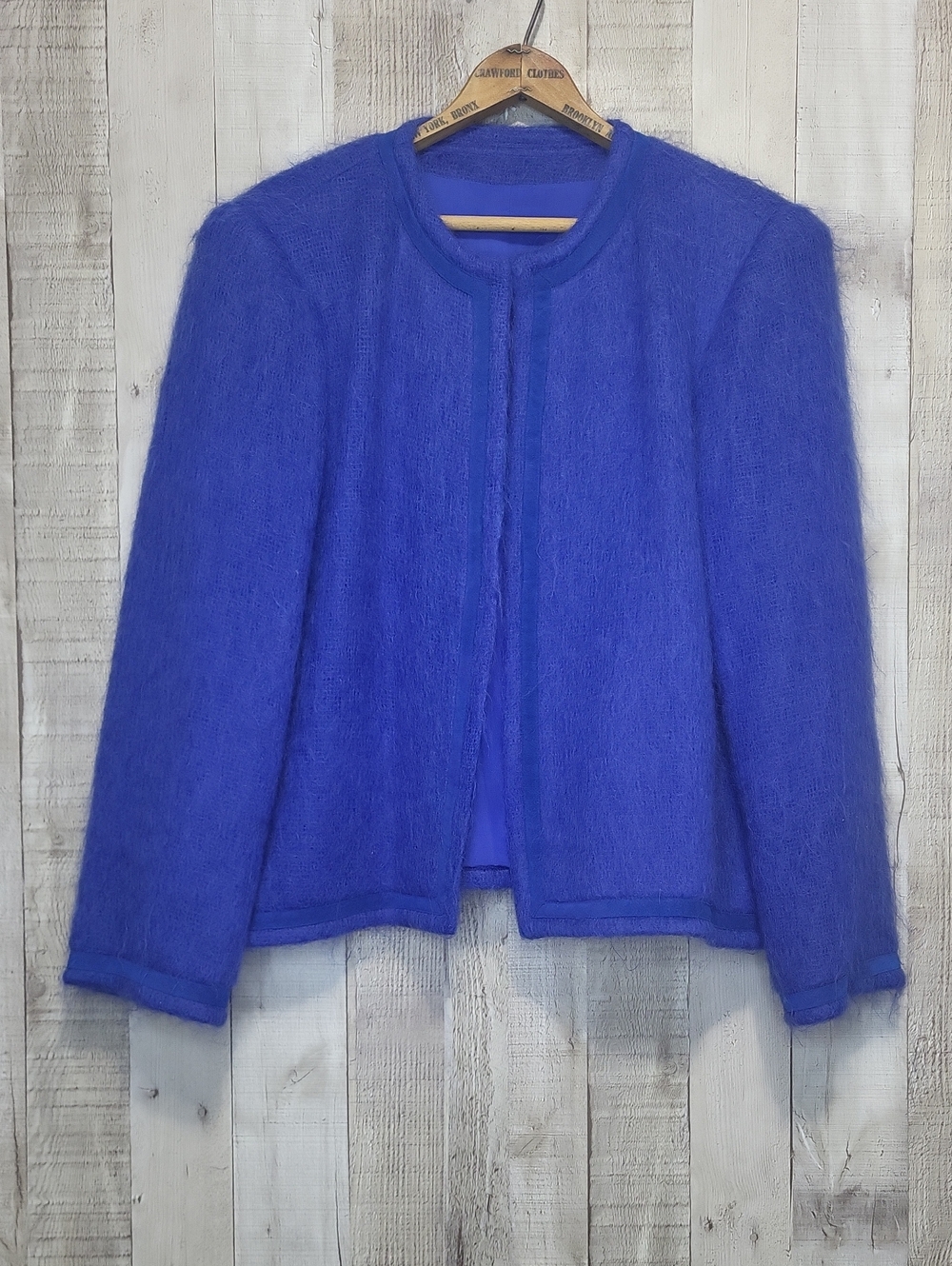Vintage Union Made Classic Open-Front Fuzzy Blazer in Royal Blue. Size 10